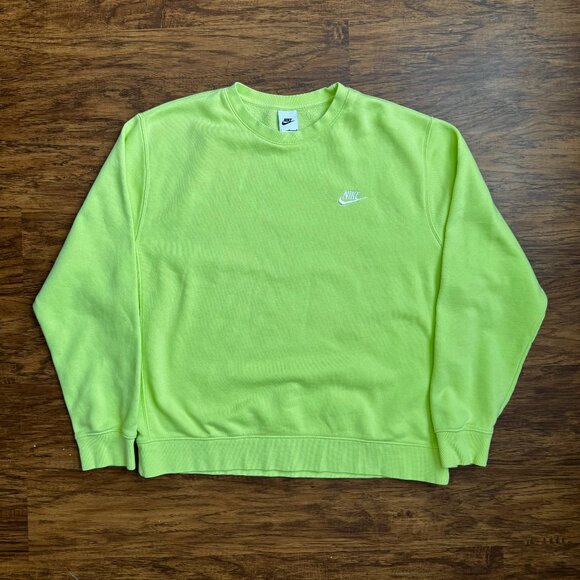 Nike Sweatshirt Mens Large Sportswear Classic Club Fleece Crewneck Neon Green - Picture 1 of 5